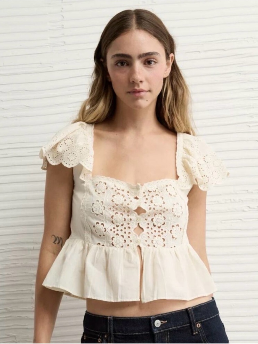 American Eagle Outfitters Cream Eyelet Lace Peplum Crop Top